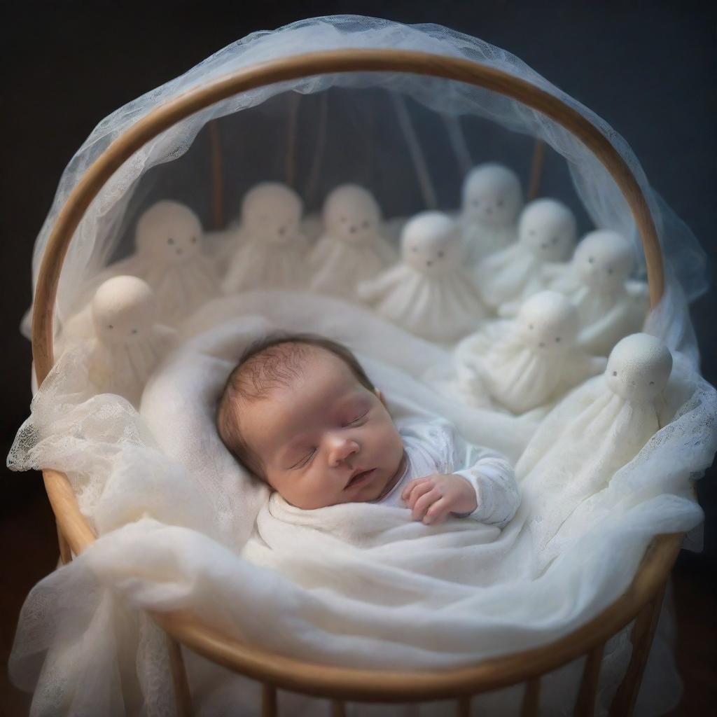 A multitude of ethereal ghosts swirling protectively around a peacefully sleeping baby in a cradle, warding off unseen threats with a divine glow