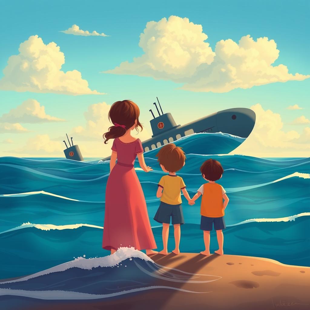 An animated cover design illustrating a harmonious family with a warm, loving atmosphere, featuring a mother and children standing together on the shore, gazing somberly at the ocean