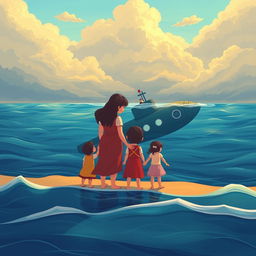 An animated cover design illustrating a harmonious family with a warm, loving atmosphere, featuring a mother and children standing together on the shore, gazing somberly at the ocean