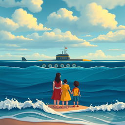 An animated cover design illustrating a harmonious family with a warm, loving atmosphere, featuring a mother and children standing together on the shore, gazing somberly at the ocean