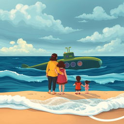 An animated cover design illustrating a harmonious family with a warm, loving atmosphere, featuring a mother and children standing together on the shore, gazing somberly at the ocean