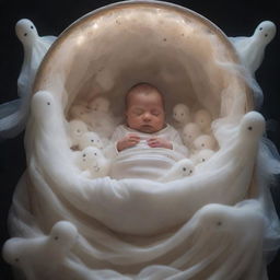 A multitude of ethereal ghosts swirling protectively around a peacefully sleeping baby in a cradle, warding off unseen threats with a divine glow