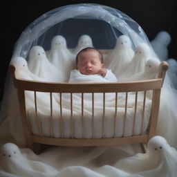 A multitude of ethereal ghosts swirling protectively around a peacefully sleeping baby in a cradle, warding off unseen threats with a divine glow