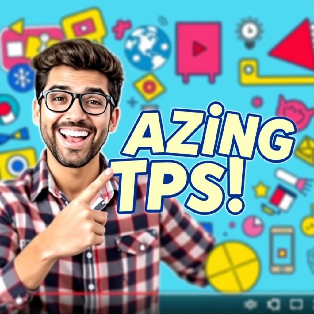 A captivating and colorful YouTube thumbnail featuring an enthusiastic content creator, smiling and pointing at text that says 'Amazing Tips!' in bold letters