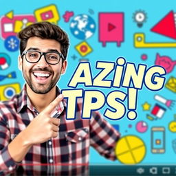 A captivating and colorful YouTube thumbnail featuring an enthusiastic content creator, smiling and pointing at text that says 'Amazing Tips!' in bold letters