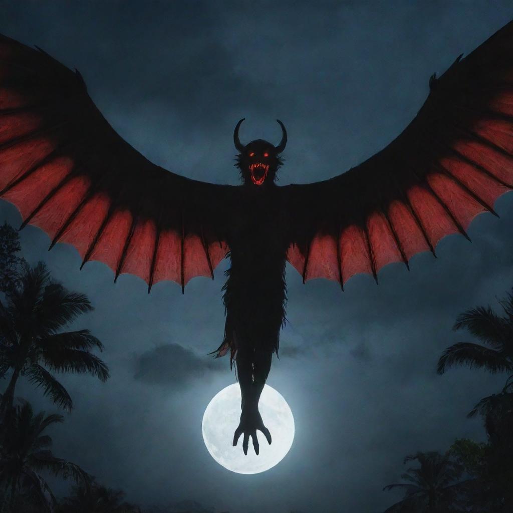 An eerie image of a Manananggal, the infamous Filipino creature, with the upper half of its body flying, sharp claws, glowing red eyes and wings spread out in the moonlit tropical night