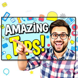 A captivating and colorful YouTube thumbnail featuring an enthusiastic content creator, smiling and pointing at text that says 'Amazing Tips!' in bold letters