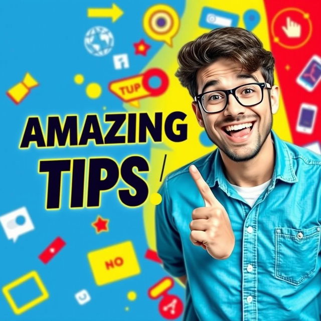 A captivating and colorful YouTube thumbnail featuring an enthusiastic content creator, smiling and pointing at text that says 'Amazing Tips!' in bold letters