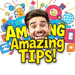 A captivating and colorful YouTube thumbnail featuring an enthusiastic content creator, smiling and pointing at text that says 'Amazing Tips!' in bold letters