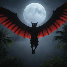 An eerie image of a Manananggal, the infamous Filipino creature, with the upper half of its body flying, sharp claws, glowing red eyes and wings spread out in the moonlit tropical night