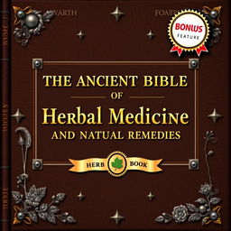 An ancient manual styled book cover with a Medieval flair, featuring decorative metal inserts that illustrate various plants and herbs throughout the design