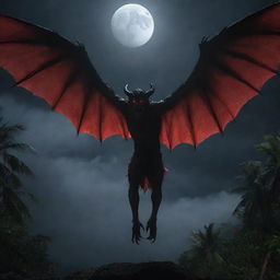 An eerie image of a Manananggal, the infamous Filipino creature, with the upper half of its body flying, sharp claws, glowing red eyes and wings spread out in the moonlit tropical night