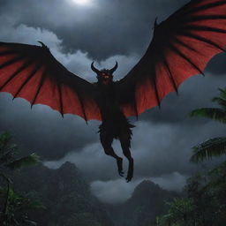 An eerie image of a Manananggal, the infamous Filipino creature, with the upper half of its body flying, sharp claws, glowing red eyes and wings spread out in the moonlit tropical night