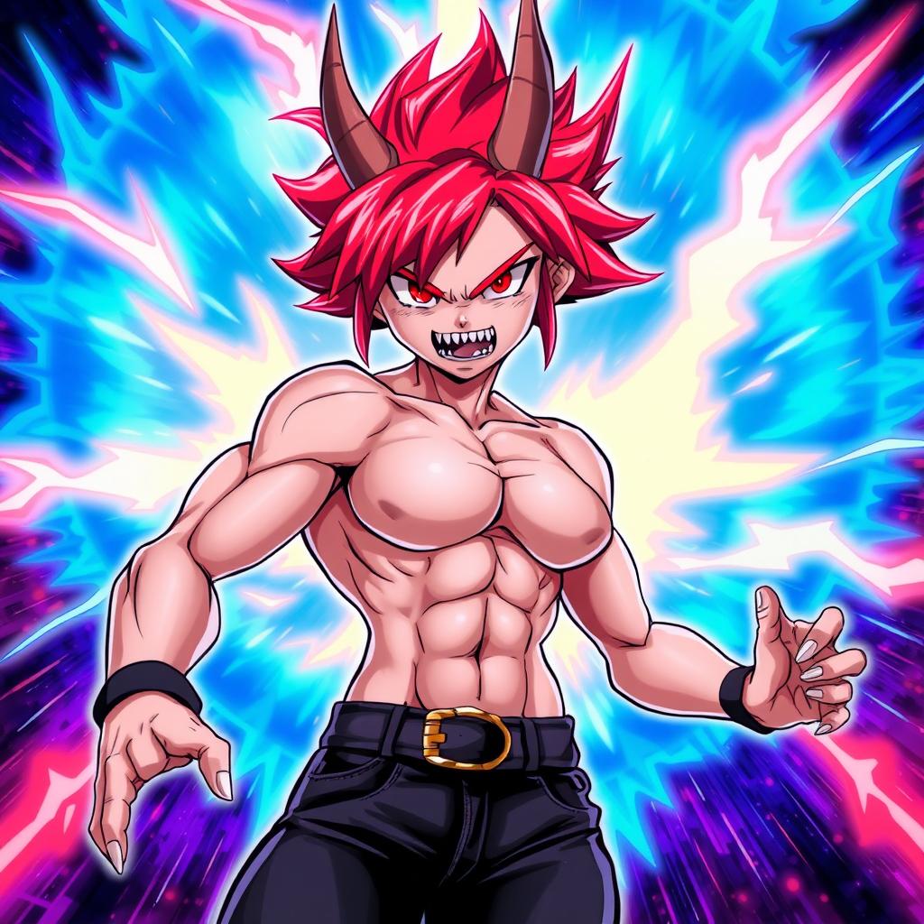 A slim and buff girl with striking red electric, short spiky hair and a vibrant blue aura radiating ultra power