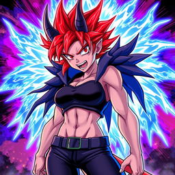 A slim and buff girl with striking red electric, short spiky hair and a vibrant blue aura radiating ultra power