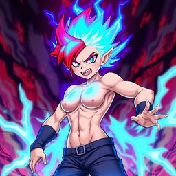 A slim and buff girl with striking red electric, short spiky hair and a vibrant blue aura radiating ultra power