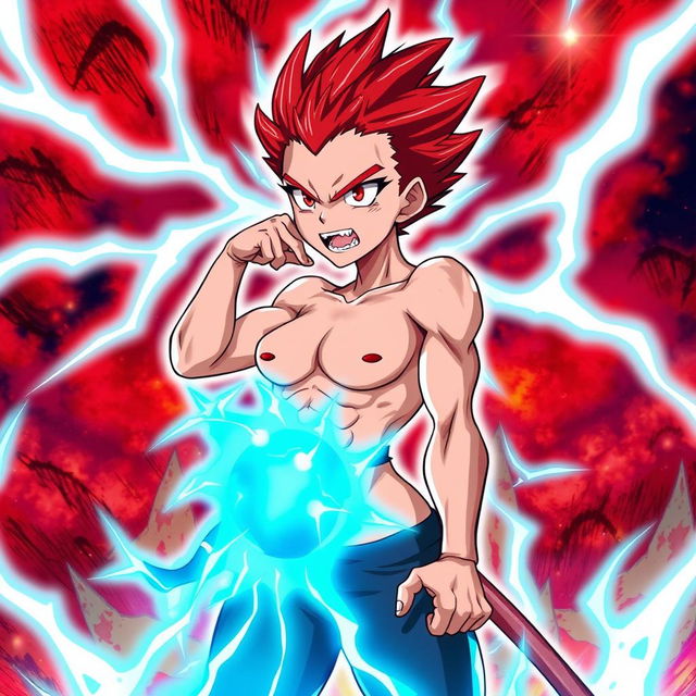 A slim and buff girl with striking red electric, short spiky hair and a vibrant blue aura radiating ultra power