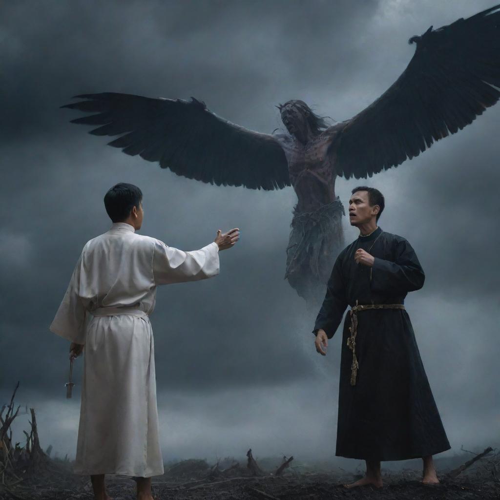 A brave priest armed with a cross and holy water, steadfastly confronting a Manananggal, a terrifying mythical Filipino creature with the upper half of its body in flight under a stormy night sky