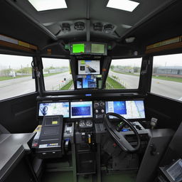 The interior of a penitentiary bus driver's cabin, featuring high-tech security dashboard, reinforced driver's seat, and an advanced feedback system to monitor the onboard prisoner compartments.