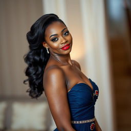 A beautiful, attractive black woman wearing a stunning long navy blue dress that elegantly defines her figure