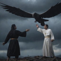 A brave priest armed with a cross and holy water, steadfastly confronting a Manananggal, a terrifying mythical Filipino creature with the upper half of its body in flight under a stormy night sky