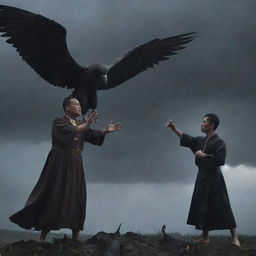 A brave priest armed with a cross and holy water, steadfastly confronting a Manananggal, a terrifying mythical Filipino creature with the upper half of its body in flight under a stormy night sky