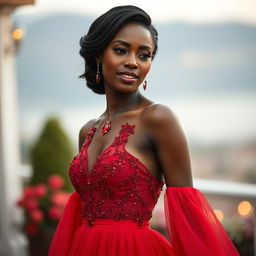 A beautiful, attractive black woman wearing a striking long strawberry red dress that elegantly defines her figure