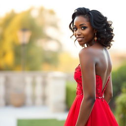 A beautiful, attractive black woman wearing a striking long strawberry red dress that elegantly defines her figure