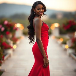 A beautiful, attractive black woman wearing a striking long strawberry red dress that elegantly defines her figure