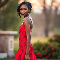 A beautiful, attractive black woman wearing a striking long strawberry red dress that elegantly defines her figure