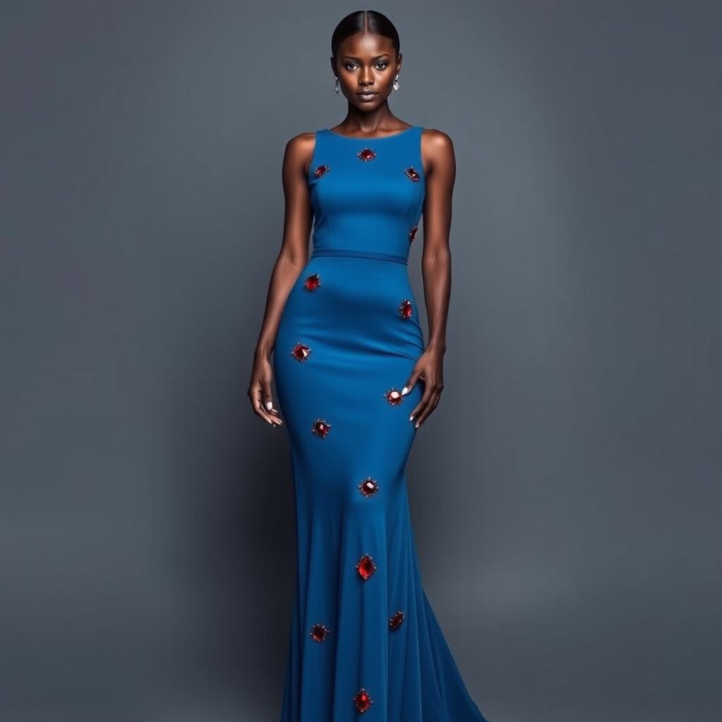 A beautiful, attractive woman with a long, body-hugging dress that reaches her shoes, made of delicate fabric in a deep blue color