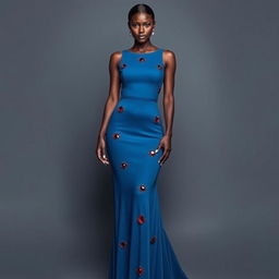 A beautiful, attractive woman with a long, body-hugging dress that reaches her shoes, made of delicate fabric in a deep blue color