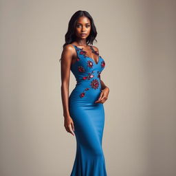 A beautiful, attractive woman with a long, body-hugging dress that reaches her shoes, made of delicate fabric in a deep blue color