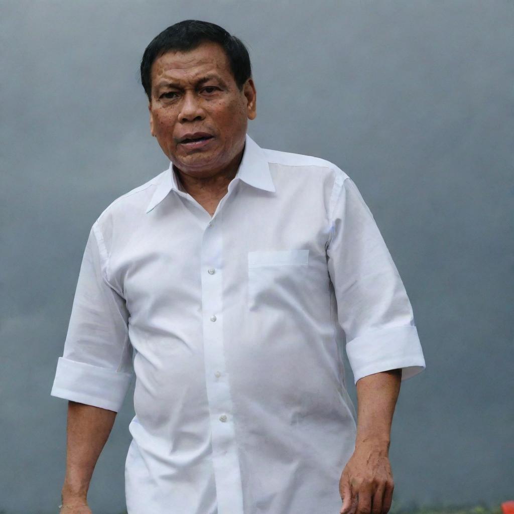 Philippine President Rodrigo Duterte matched in dramatic combat with a Manananggal, a mythical creature of Philippine folklore, under a storm-ridden sky. Duterte is seen assertively wearing his traditional Barong Tagalog.