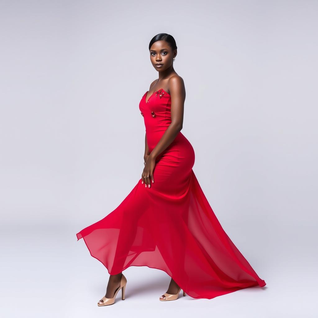 A beautiful, attractive woman wearing a long, body-hugging dress that reaches her shoes, made of delicate fabric in a vibrant red color