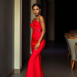 A beautiful, attractive woman wearing a long, body-hugging dress that reaches her shoes, made of delicate fabric in a vibrant red color