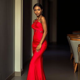 A beautiful, attractive woman wearing a long, body-hugging dress that reaches her shoes, made of delicate fabric in a vibrant red color