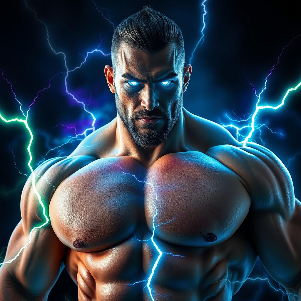 A very muscular man with an imposing physique, featuring striking light blue glowing eyes that radiate power