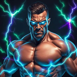 A very muscular man with an imposing physique, featuring striking light blue glowing eyes that radiate power