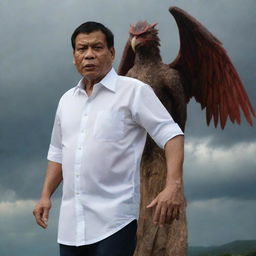 Philippine President Rodrigo Duterte matched in dramatic combat with a Manananggal, a mythical creature of Philippine folklore, under a storm-ridden sky. Duterte is seen assertively wearing his traditional Barong Tagalog.