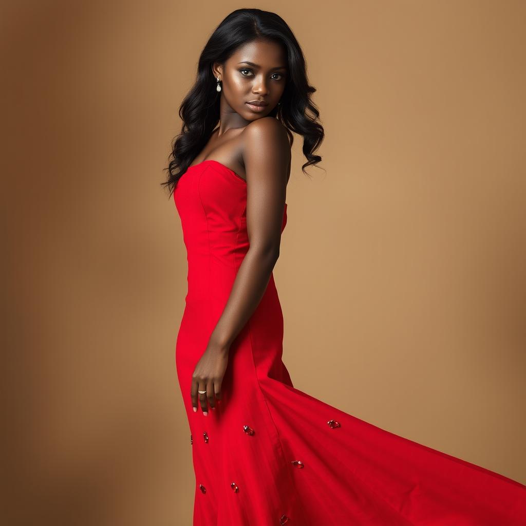 A beautiful, attractive woman wearing a long, body-conforming dress that reaches her shoes, made of delicate yet textured fabric in a vibrant red color