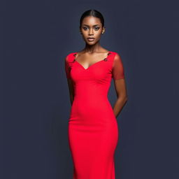 A beautiful, attractive woman wearing a long, body-conforming dress that reaches her shoes, made of delicate yet textured fabric in a vibrant red color