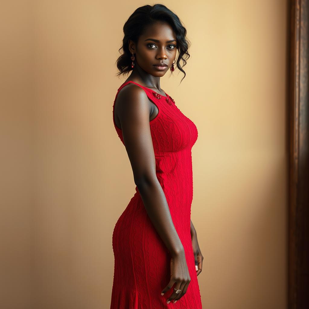 A beautiful, attractive woman wearing a long, body-conforming dress that reaches her shoes, made of delicate yet textured fabric in a vibrant red color