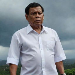 Philippine President Rodrigo Duterte matched in dramatic combat with a Manananggal, a mythical creature of Philippine folklore, under a storm-ridden sky. Duterte is seen assertively wearing his traditional Barong Tagalog.