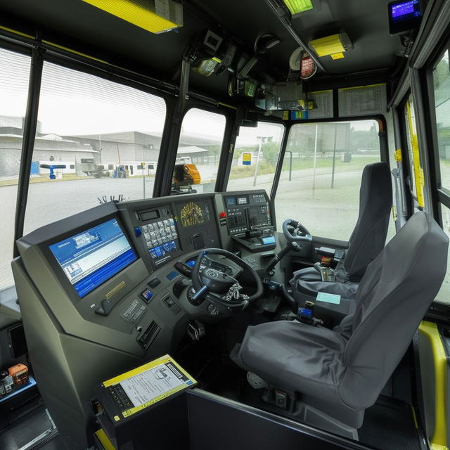 The interior of a penitentiary bus driver's cabin, featuring high-tech security dashboard, reinforced driver's seat, and an advanced feedback system to monitor the onboard prisoner compartments.