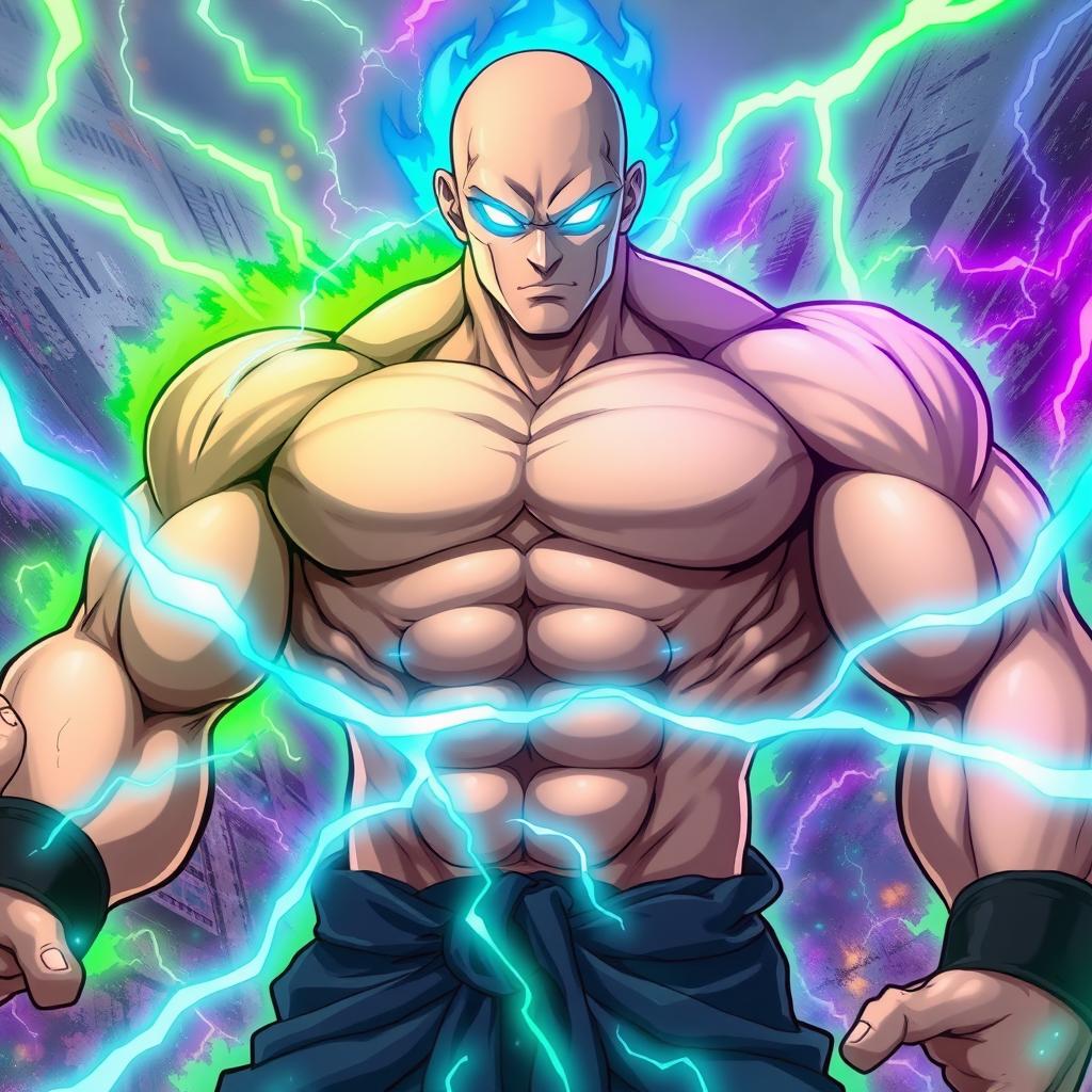 A muscular man with a very buff physique, featuring light blue glowing eyes and a vibrant light blue aura surrounding him