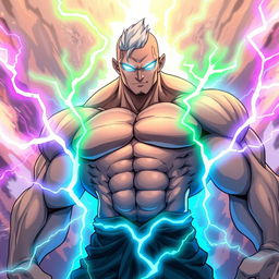 A muscular man with a very buff physique, featuring light blue glowing eyes and a vibrant light blue aura surrounding him