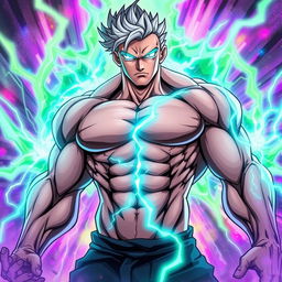 A muscular man with a very buff physique, featuring light blue glowing eyes and a vibrant light blue aura surrounding him