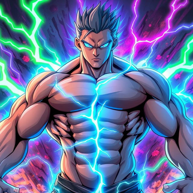 A muscular man with a very buff physique, featuring light blue glowing eyes and a vibrant light blue aura surrounding him