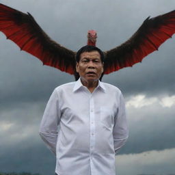 Philippine President Rodrigo Duterte matched in dramatic combat with a Manananggal, a mythical creature of Philippine folklore, under a storm-ridden sky. Duterte is seen assertively wearing his traditional Barong Tagalog.